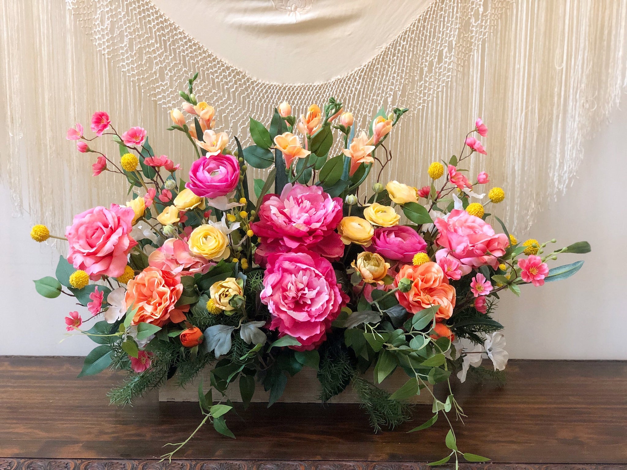 Summer Tabletop Floral Arrangement with Wildflowers, Pink, Yellow, Orange, and good White Centerpiece in Wooden Planter