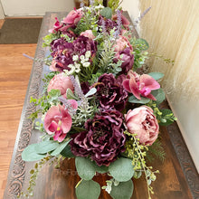 Load image into Gallery viewer, 27” Long Purple  Floral Arrangement | Burgundy Floral Arrangement | Mother’sDay  Floral Arrangement - Wedding Flowers - Wedding Centerpiece
