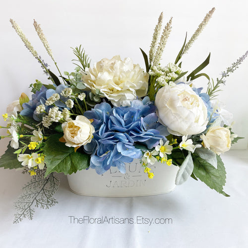 Farmhouse Style Floral Arrangement | White/Blue Floral Arrangement | Blue Hydrangeas Floral Centerpiece | French Country | Mothers Day Gift